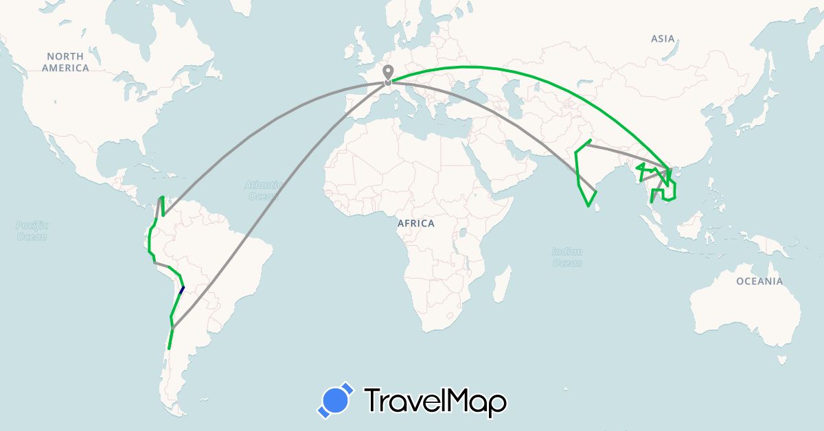 TravelMap itinerary: driving, bus, plane in Bolivia, Switzerland, Chile, Colombia, Ecuador, India, Cambodia, Laos, Myanmar (Burma), Peru, Thailand, Vietnam (Asia, Europe, South America)